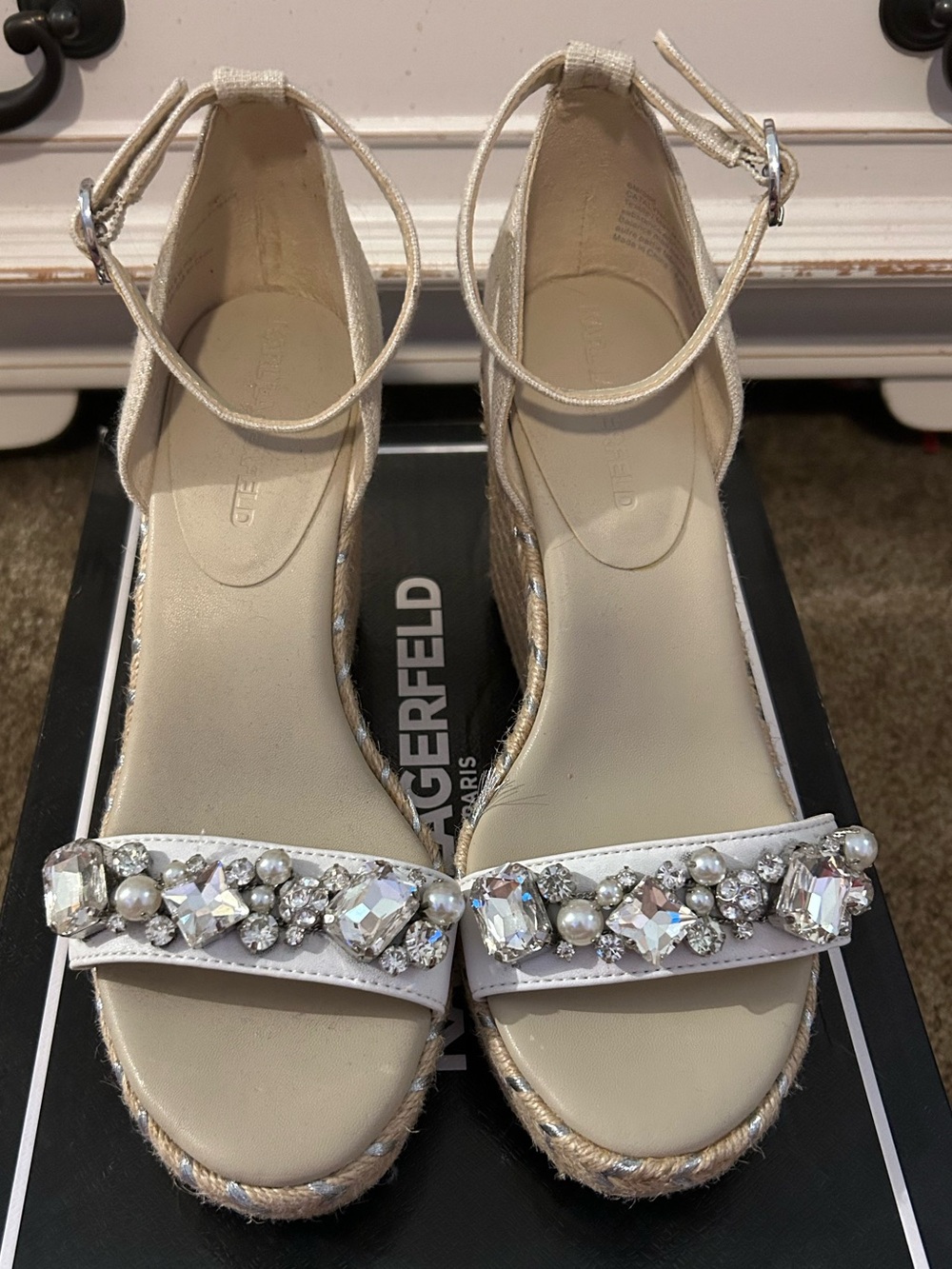 Karl Lagerfeld Ivory Crystal-Pearl Ankle-Strap Wedge Sandals